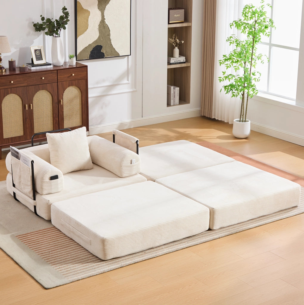 Divano modulare con pouf in velluto a coste; tasca laterale e cuscino; beige 112×190×67 cm