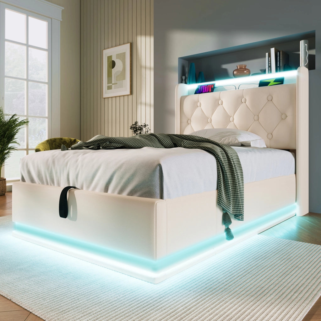 Letto imbottito singolo con LED 360°; USB e Type-C; contenitore idraulico; 90x200 cm; bianco PU