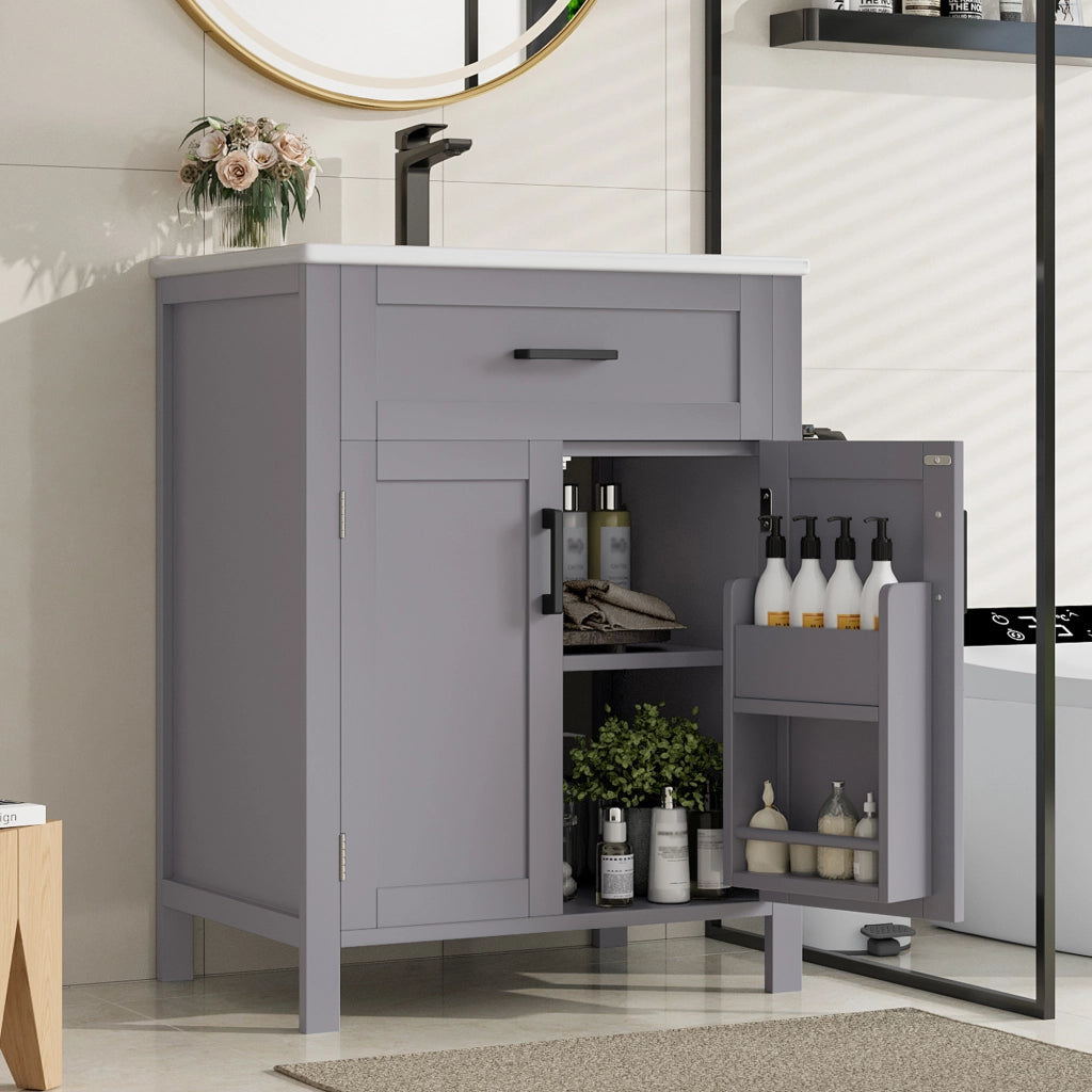 Mobile sottolavabo freestanding con lavabo in ceramica, ante doppie, cassetto reversibile e ripiano regolabile grigio 60 × 46 × 84,8 cm
