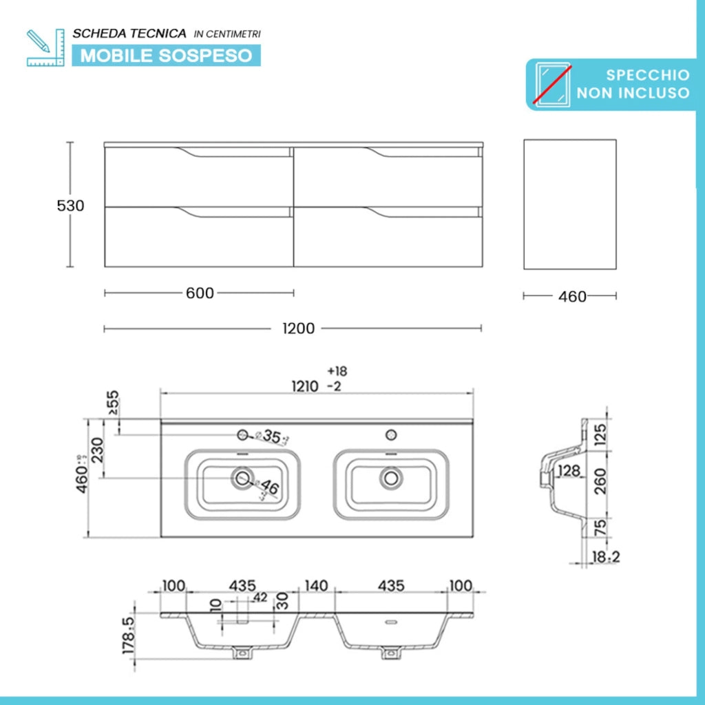 Mobile bagno sospeso 120 cm bianco e quercia due cassetti e doppia vasca Sumya