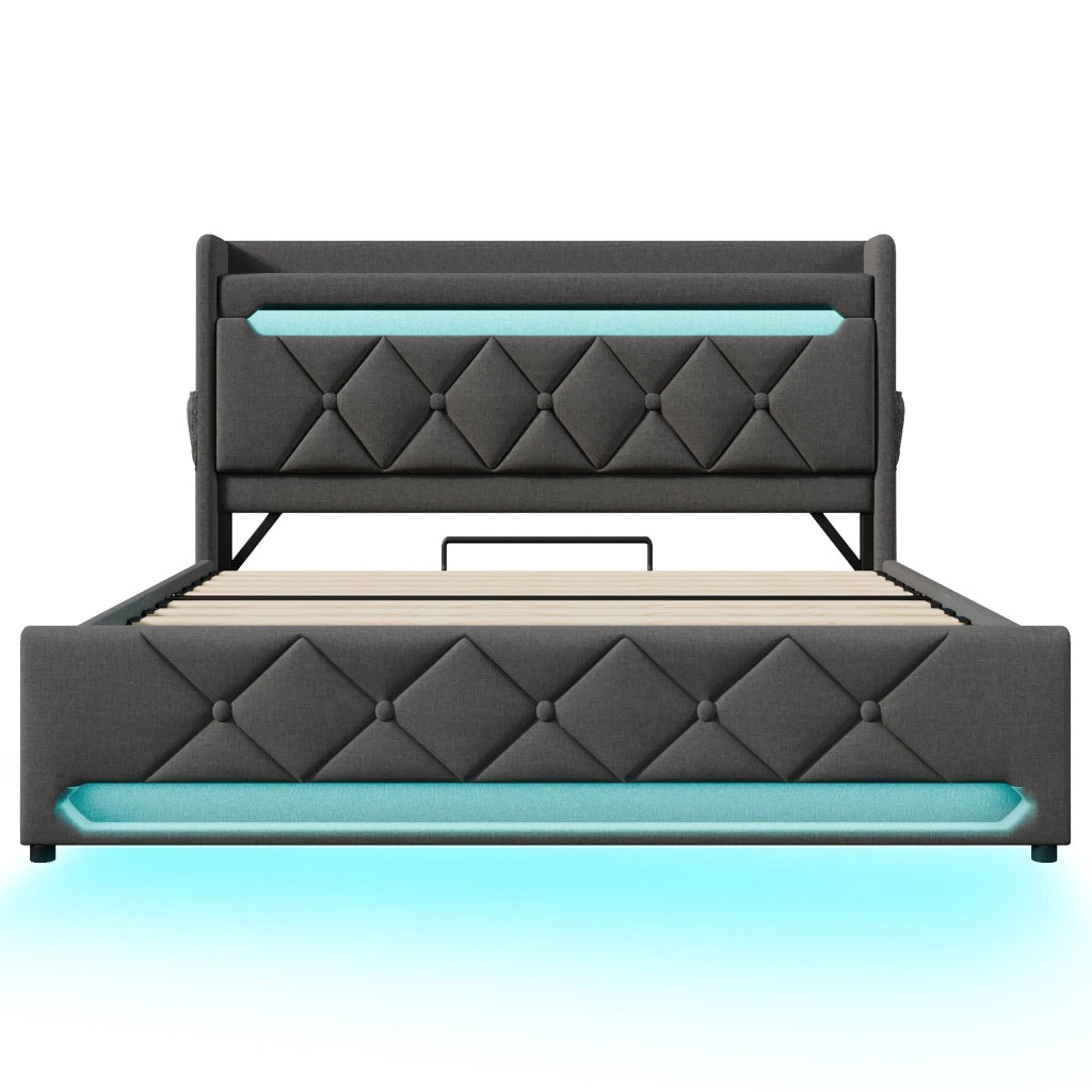 Letto matrimoniale imbottito 140x200 cm con contenitore e LED