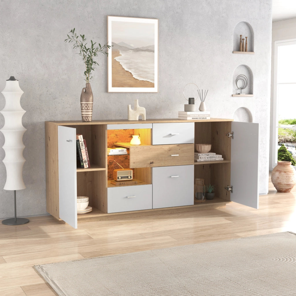 Madia con LED a 16 colori 2 ante 4 cassetti ripiani regolabili per soggiorno bianco effetto legno 160 × 40 × 77 cm