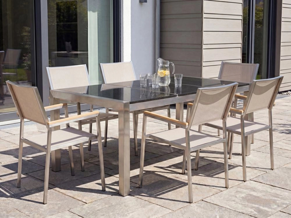 Set da Giardino Tavolo Piano Basalto Fiammato 6 Sedie Beige 180 x 90 cm Giardino Terrazzo Balcone