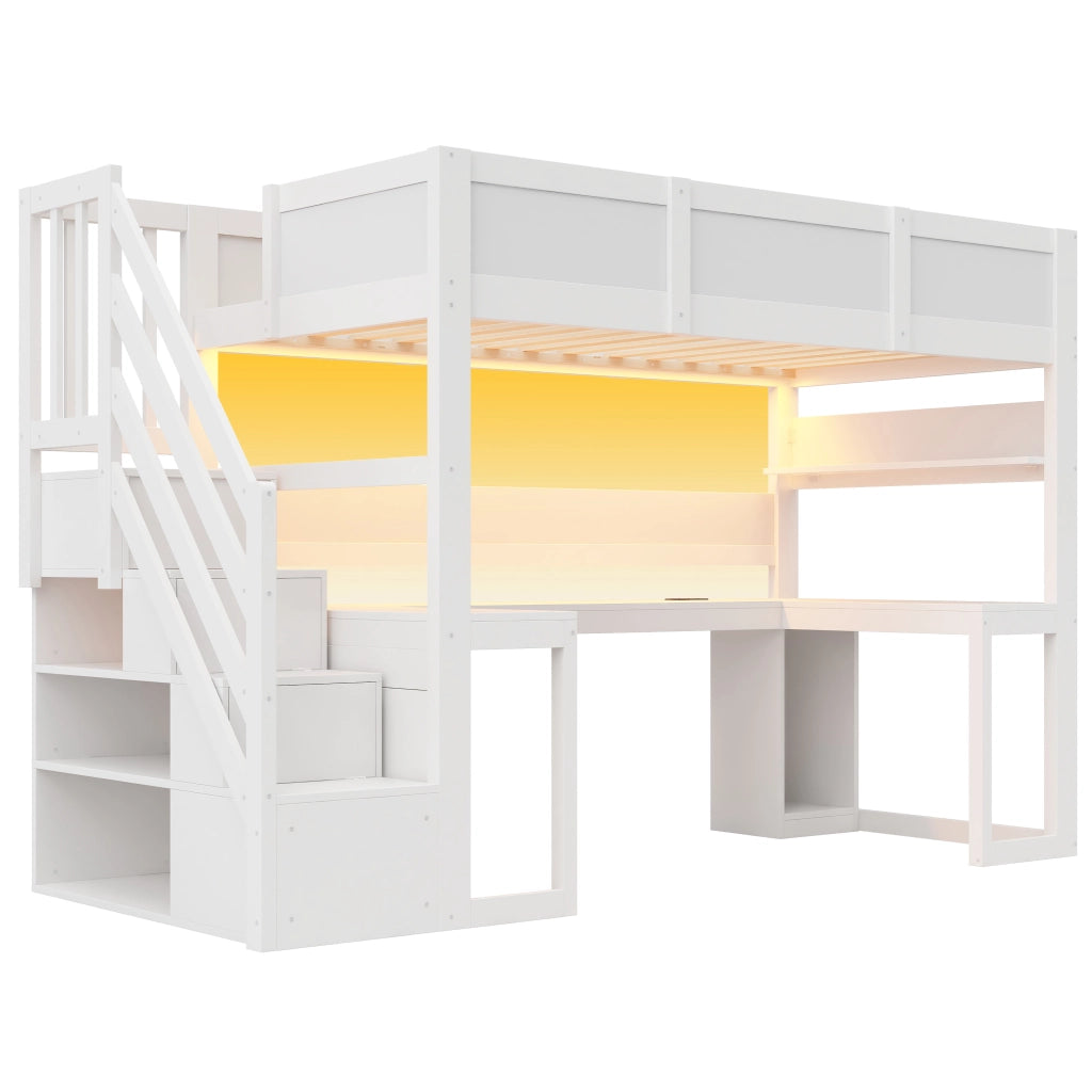 Letto a soppalco gaming 90x200 cm con scrivania integrata e scala contenitore, bianco