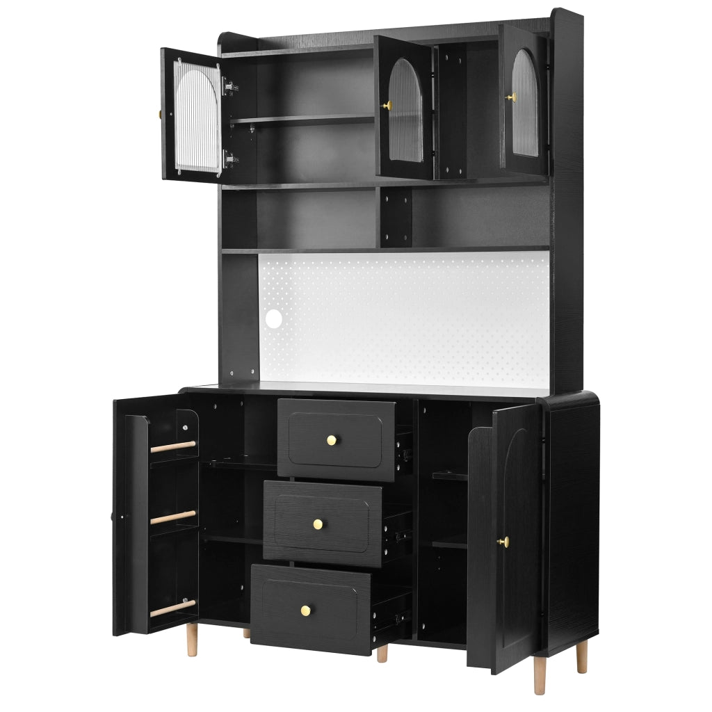 Credenza alta con 1 anta, 3 cassetti e pannello forato per cucina, in MDF, nera