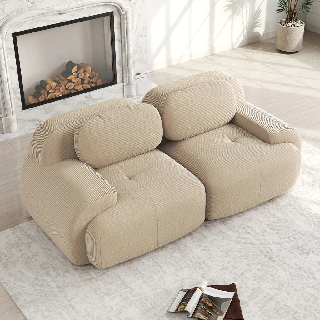 Divano modulare 2 208x103x75 cm; senza telaio con braccioli curvi; seduta antiscivolo ad alta densità; tessuto velluto a coste; beige