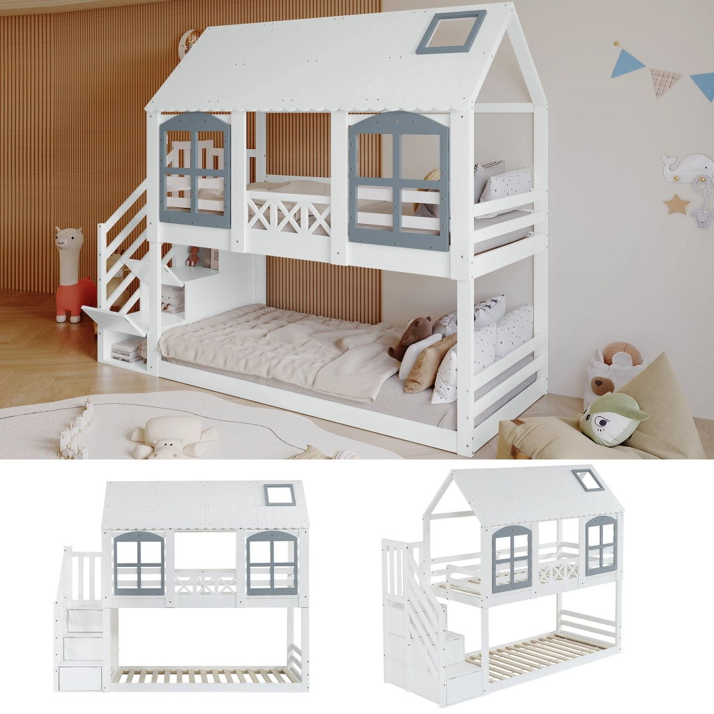 Letto a castello per bambini 90 × 200 cm 2 posti con scala e 3 armadietti; senza materasso; bianco e grigio
