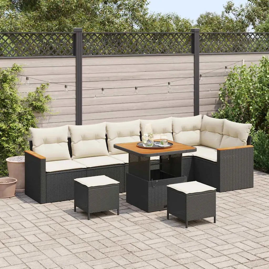 Set Divano da Giardino con cuscino 9 pcs Nero Poly Rattan