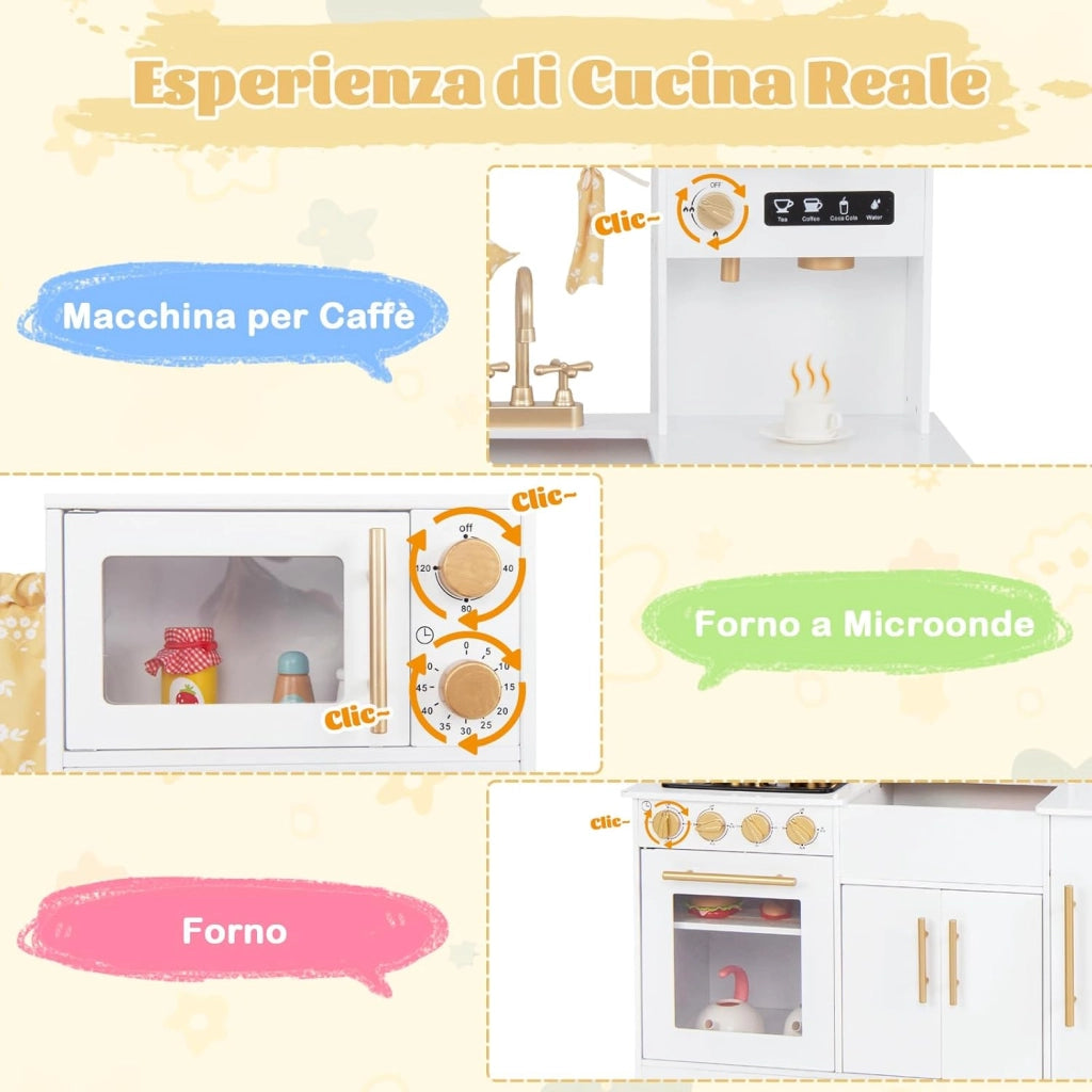 Cucina Giocattolo per Bambini, Cucina per Bambini in Legno con Forno, Microonde, Macchina da Caffè, Macchina del Ghiaccio, Lavello e Rubinetto, con Luci e Suoni per Bambini di 3+ Anni (Bianco)