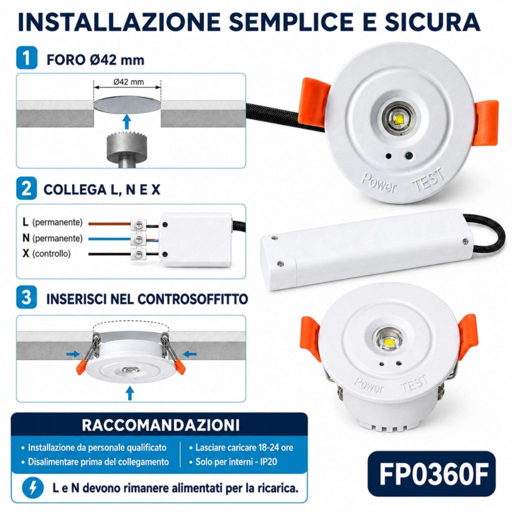 Mini Faretto Led Emergenza da Incasso 3W 250lm 3 Ore D60X37mm Foro 42mm, Bianco 6500K, Modalità SA/SE, Batteria LiFePO4 6,4 V 1800mAh