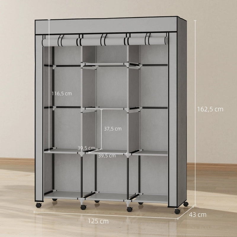 Armadio 125x43x162.5 cm con 8 ripiani e 2 appendiabiti in tessuto grigio chiaro