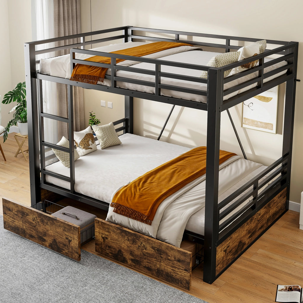 Letto a castello 140 × 200 cm 2 posti con cassetti, scala e barriere, senza materasso, metallo nero