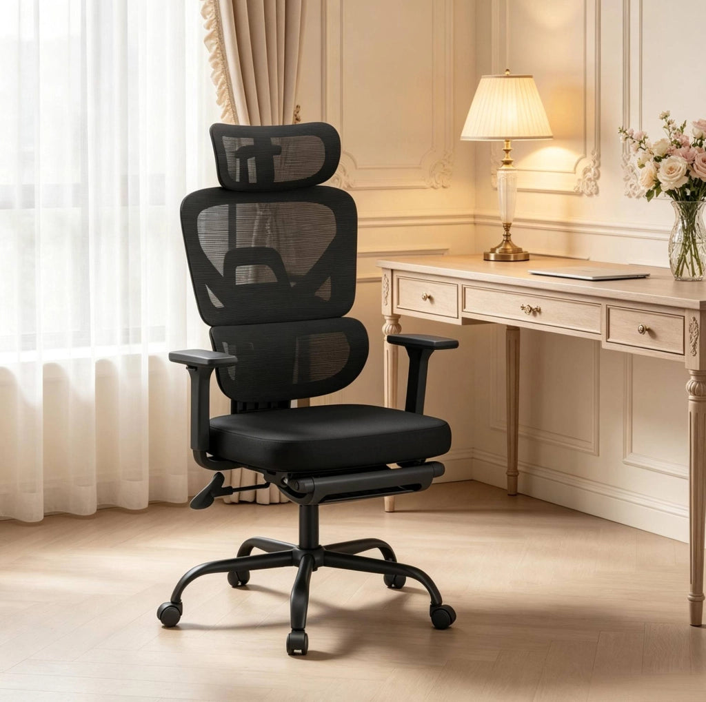 Sedia da Ufficio Ergonomica Nera con Poggiapiedi e Supporto 150 kg