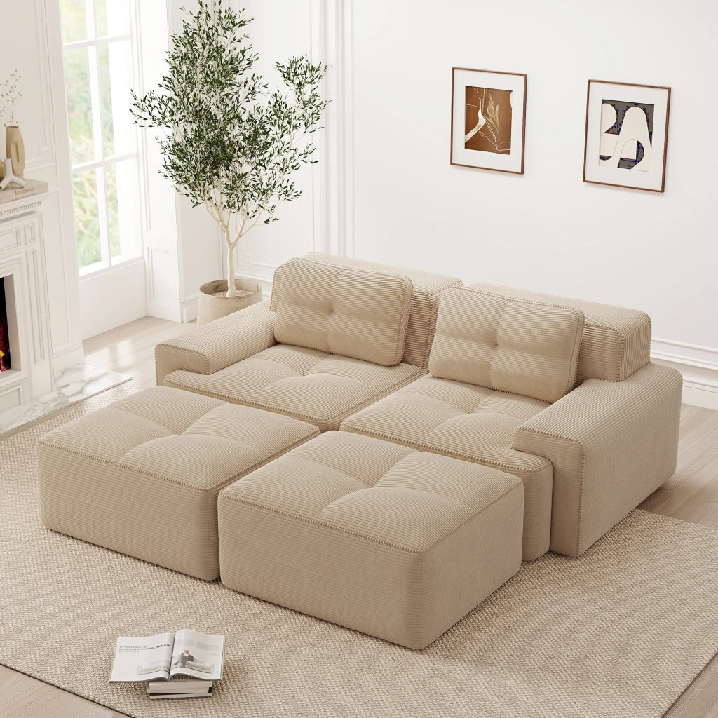 Divano Modulare a U con Ottoman ¨C MINIMAL ¨C Velluto a Coste, Beige, 2 Posti