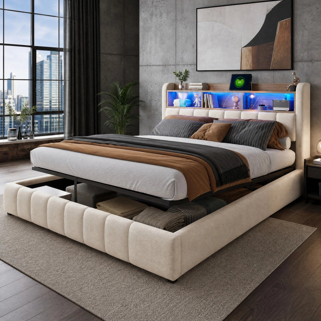 Letto imbottito 180x200 cm con LED; USB e Type-C; contenitore idraulico; beige in lino