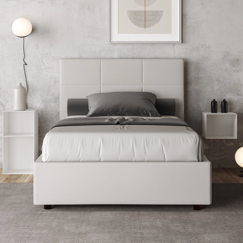 BS COM Letto una piazza e mezza contenitore imbottito 130x210 similpelle bianco