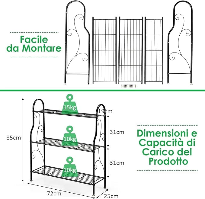 Porta Piante in Metallo a 3 Livelli, Scaffale Portavasi Interno ed Esterno con Elegante Motivo a Volute, Scaffale a Scala Multifunzionale per Casa, Giardino, Balcone e Corridoio
