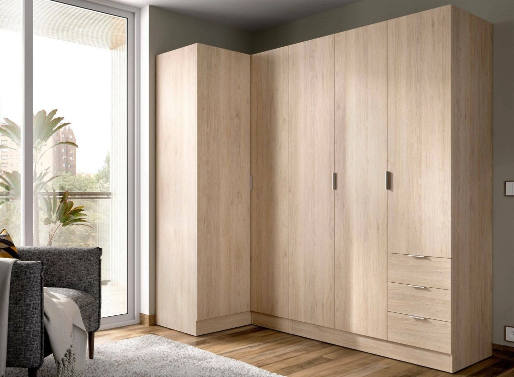 Guardaroba Atena, Mobile angolare per camera da letto, Armadio appendiabiti ad angolo a 5 ante battenti, 214x91h184 cm, Rovere