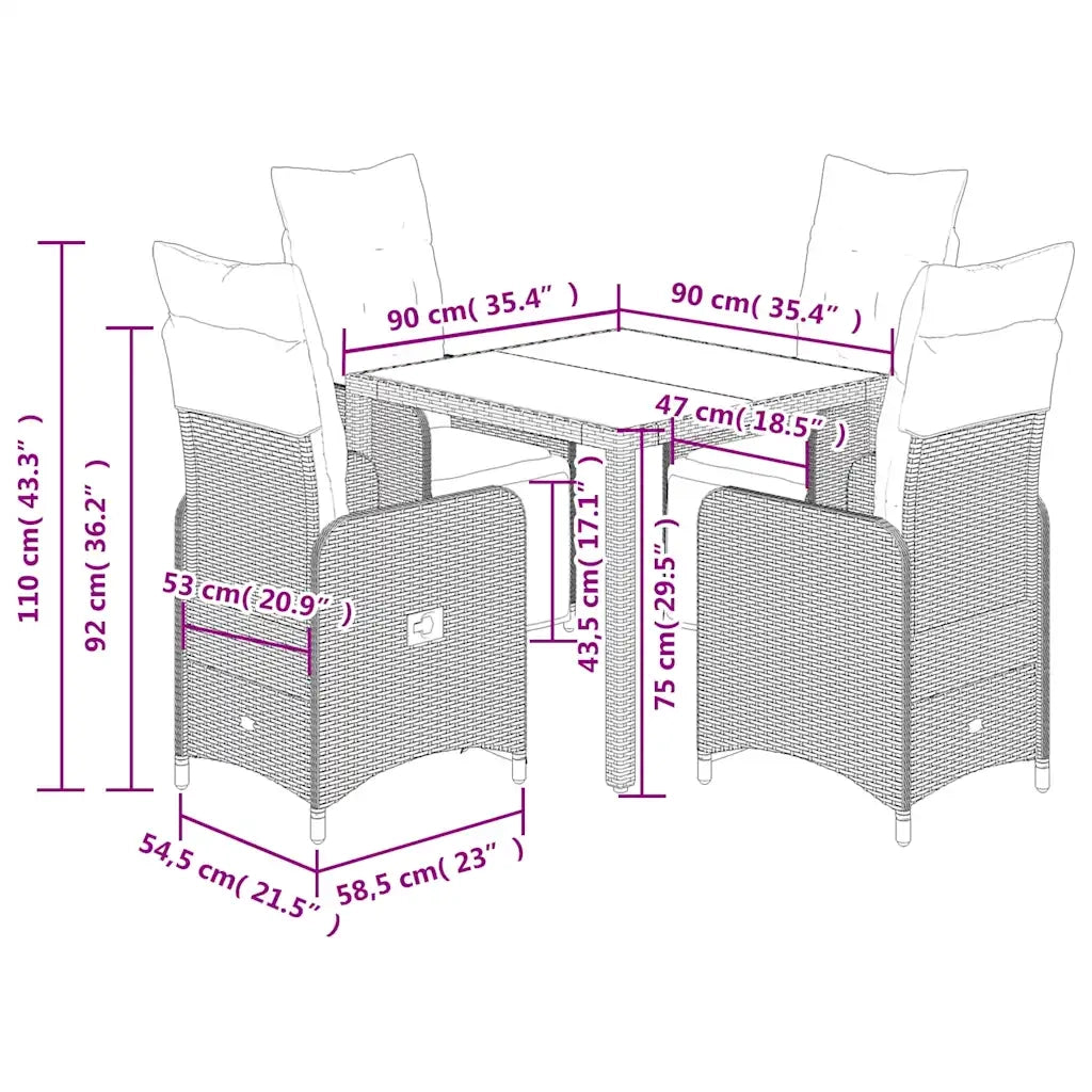 Set Bistrò da Giardino 5 pz con Cuscini in Polyrattan Marrone