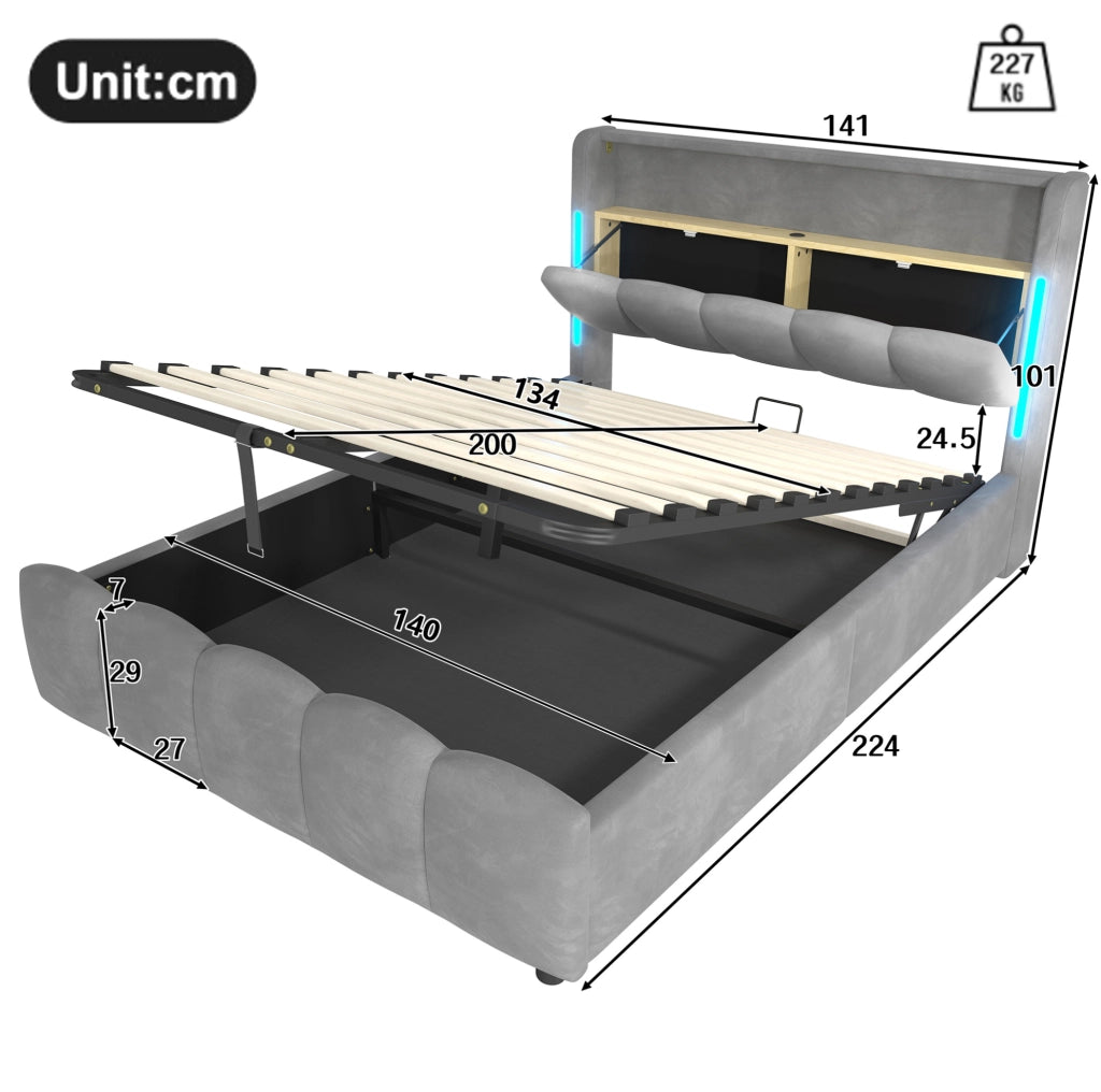 Letto imbottito in velluto grigio 140 x 200 cm con LED, vano contenitore e porte USB