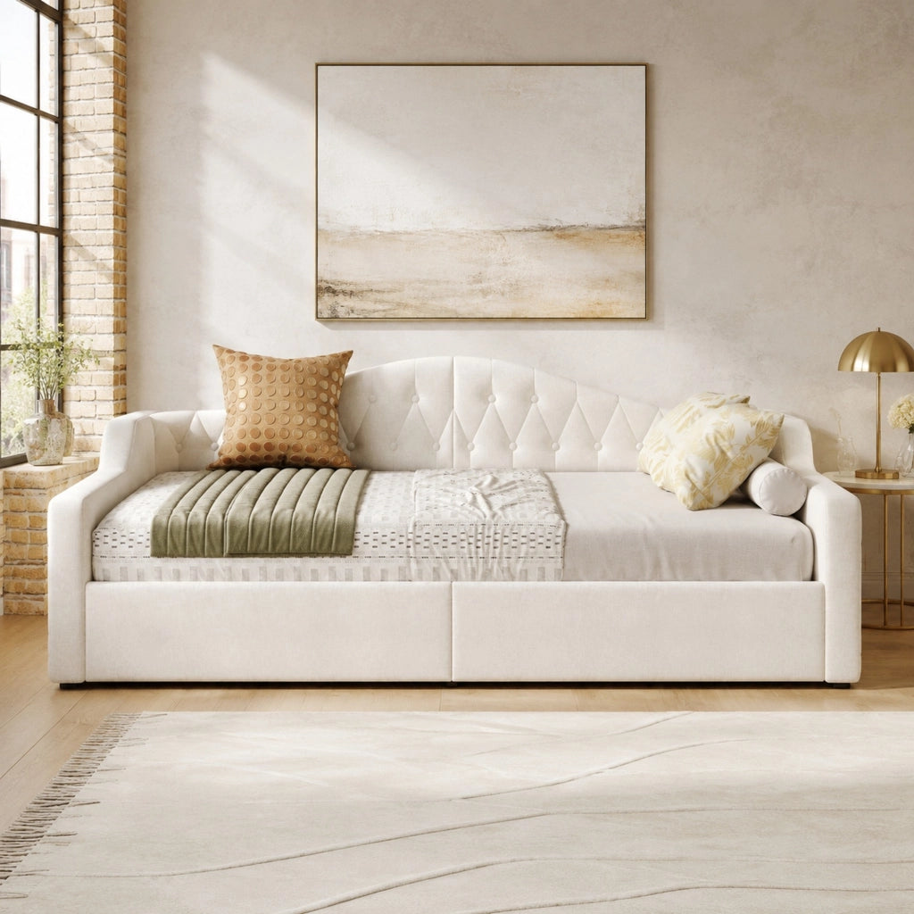 Letto da giorno imbottito 140x200 con LED e spazio contenitore, Beige