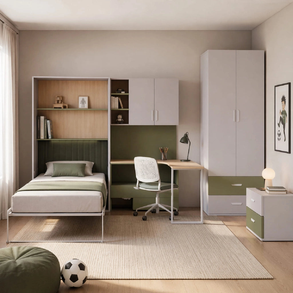 Cameretta Completa Salvaspazio Con Scrivania Armadio Cassettiera Letto A Scomparsa Per Camera Bambini Ragazzi Stanza Ospiti 133 X 208.5 X 45-216 Cm Cashmere E Verde