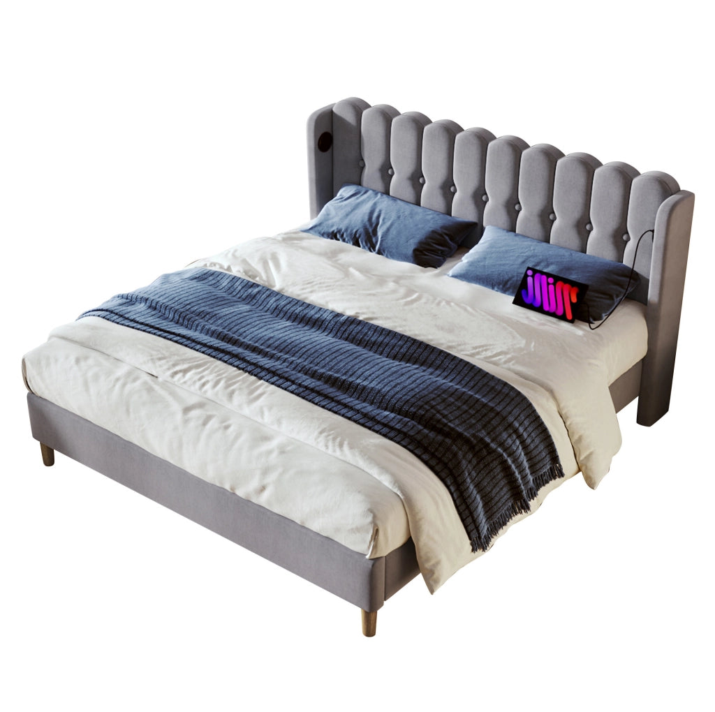 Letto matrimoniale 180x200 cm con USB e USB C; lino grigio