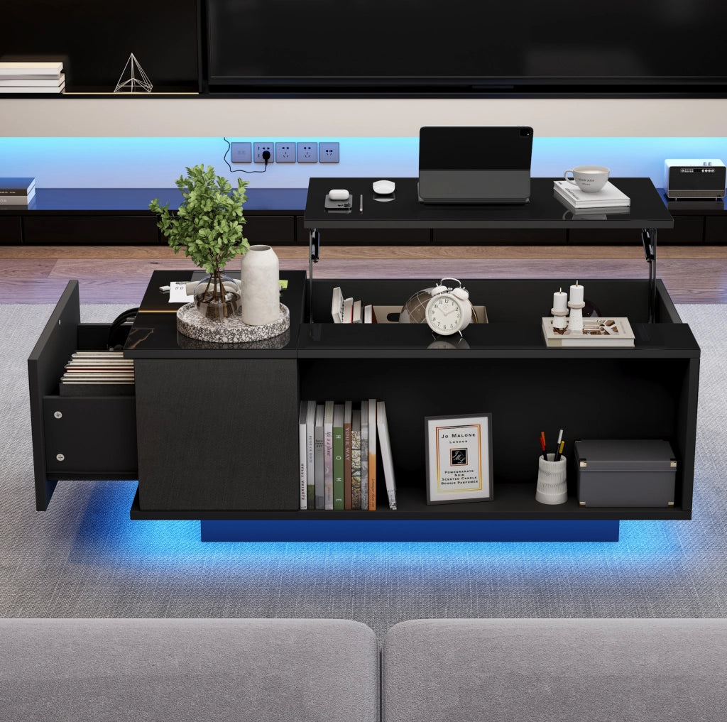 Tavolino da caffè LED elevabile con cassetto 100x50x40 cm