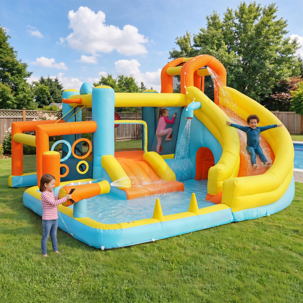 Castello gonfiabile con scivolo, piscina e giochi sportivi in tessuto Oxford multicolore 360 × 320 × 200 cm