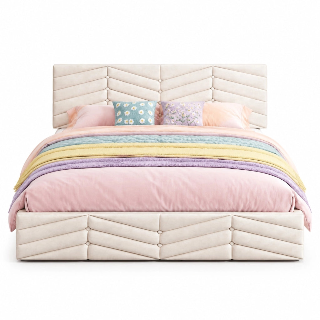 Letto imbottito 140 × 190 cm con rete a doghe e testiera regolabile in velluto beige
