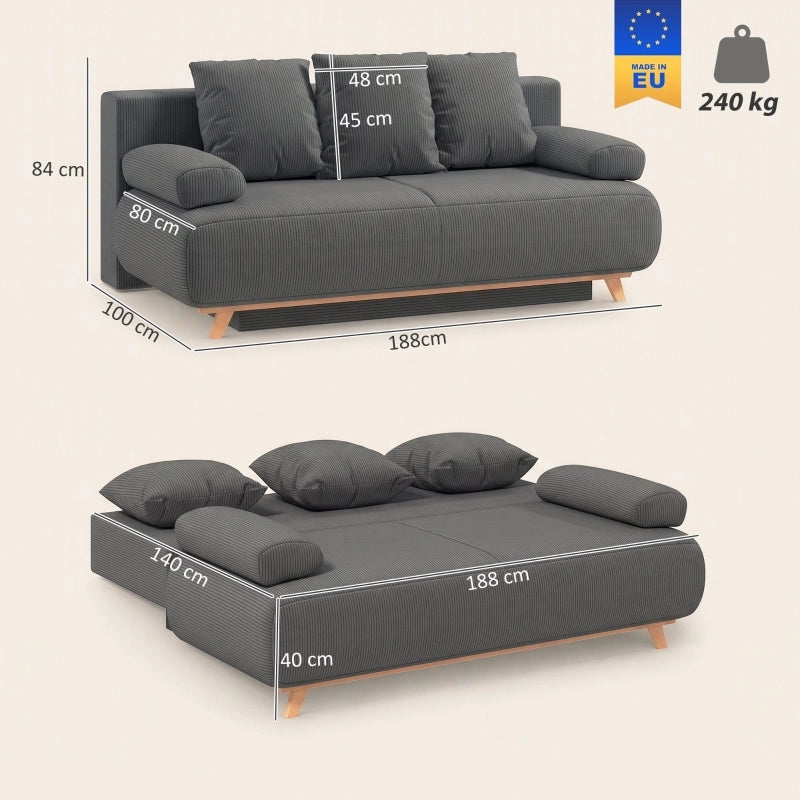 Divano letto 3 posti con contenitore in legno grigio