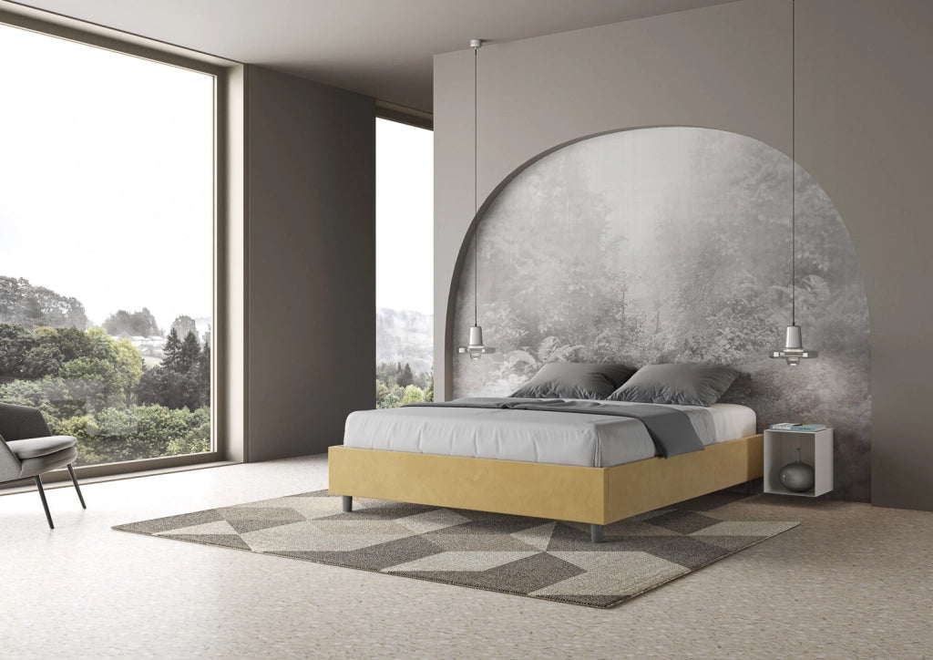 BS COM Letto queen size con rete imbottito 150x210 microfibra ocra