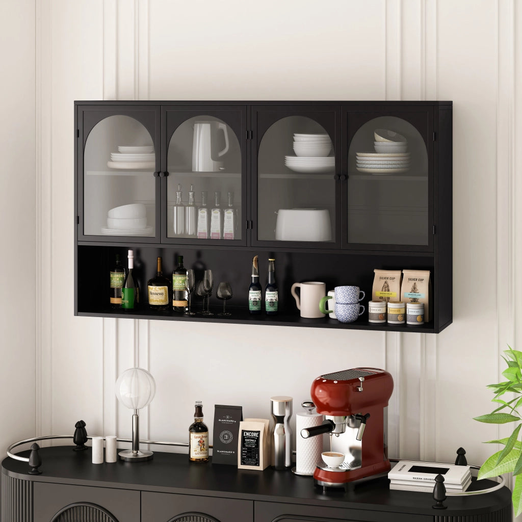 Vetrina sospesa a parete a quattro ante in metallo e vetro grigio per cucina e soggiorno nera 120 × 23 × 70 cm