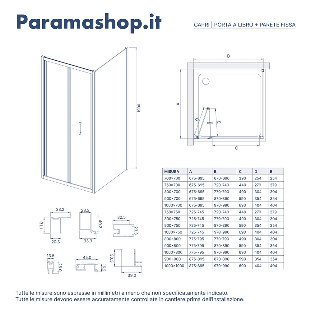 Box doccia 70x75 cm angolare apertura a libro vetro 6mm opaco | Capri