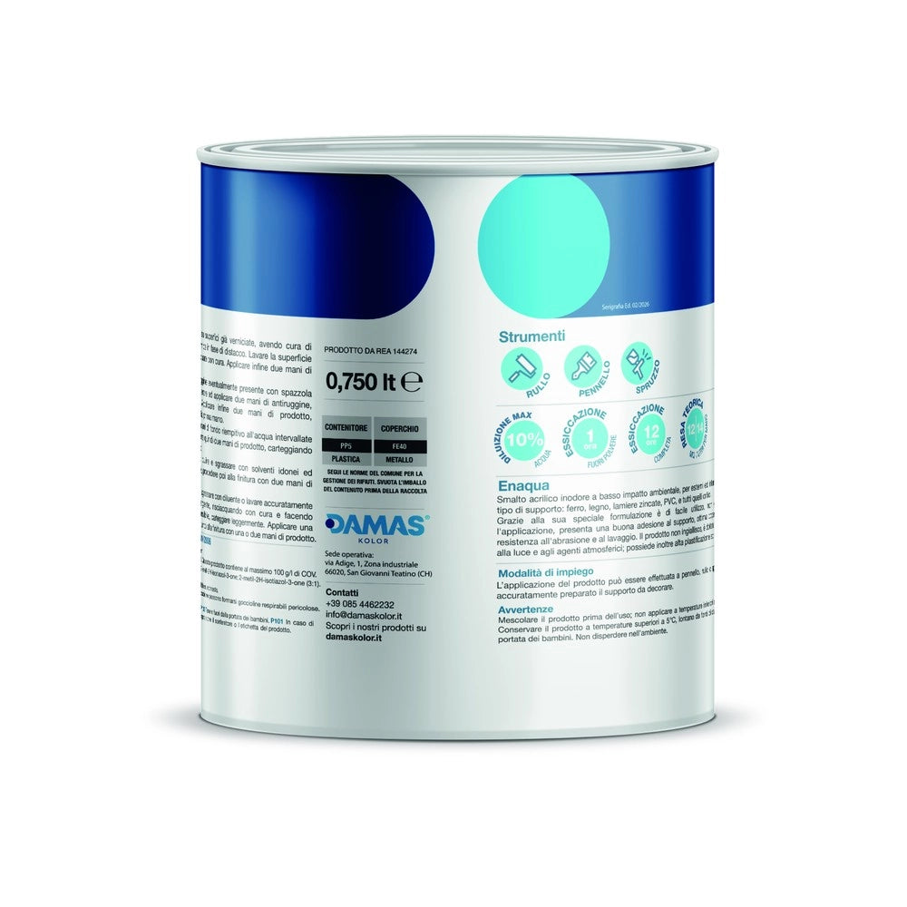 Damas enaqua opaco smalto acrilico all'acqua ferro legno pvc *** formato 0,750 lt, colore- bianco, confezione 1