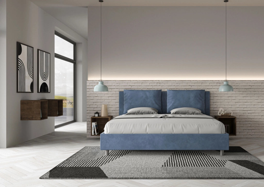 BS COM Letto con rete imbottito 180x210 microfibra blu