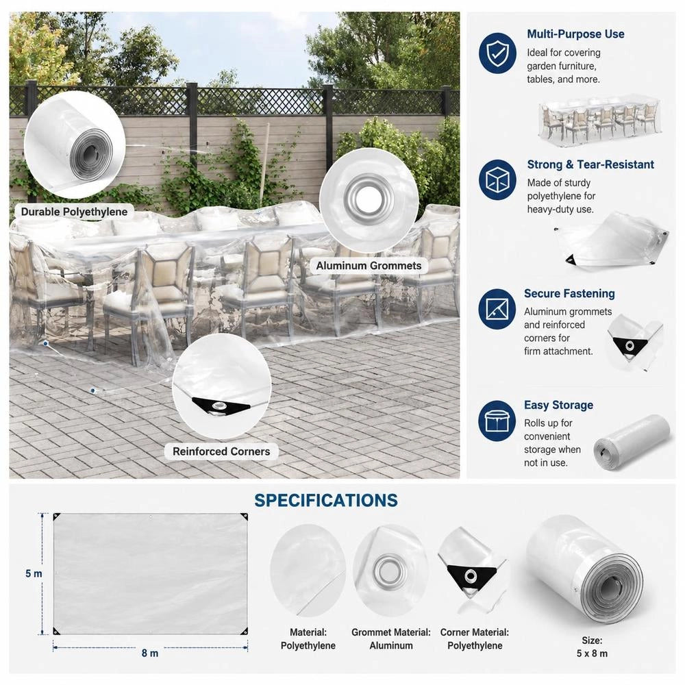 Telo trasparente con occhielli, 5x8 m, in polietilene, robusto e versatile, ideale per esterni, giardino e balcone