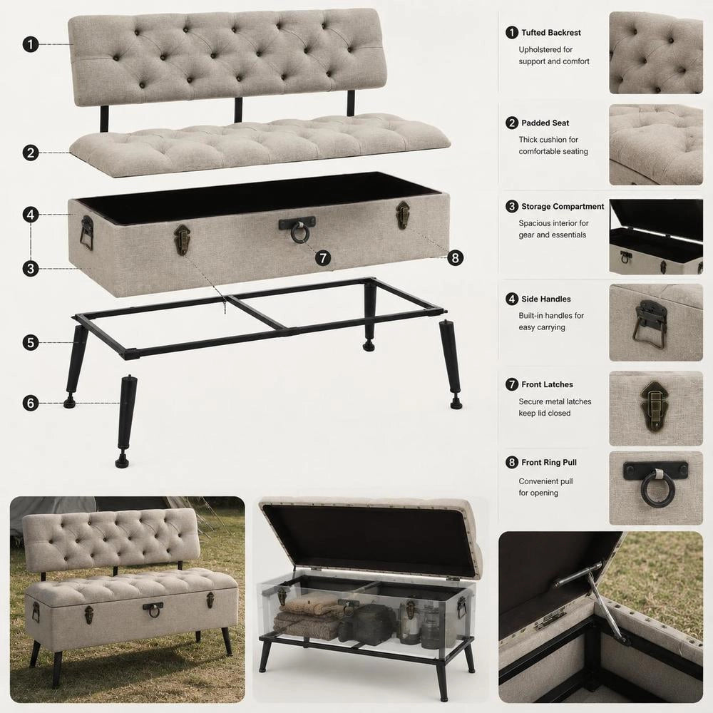 Bench With Storage Space And Backrest, 110cm, Cream Fabric