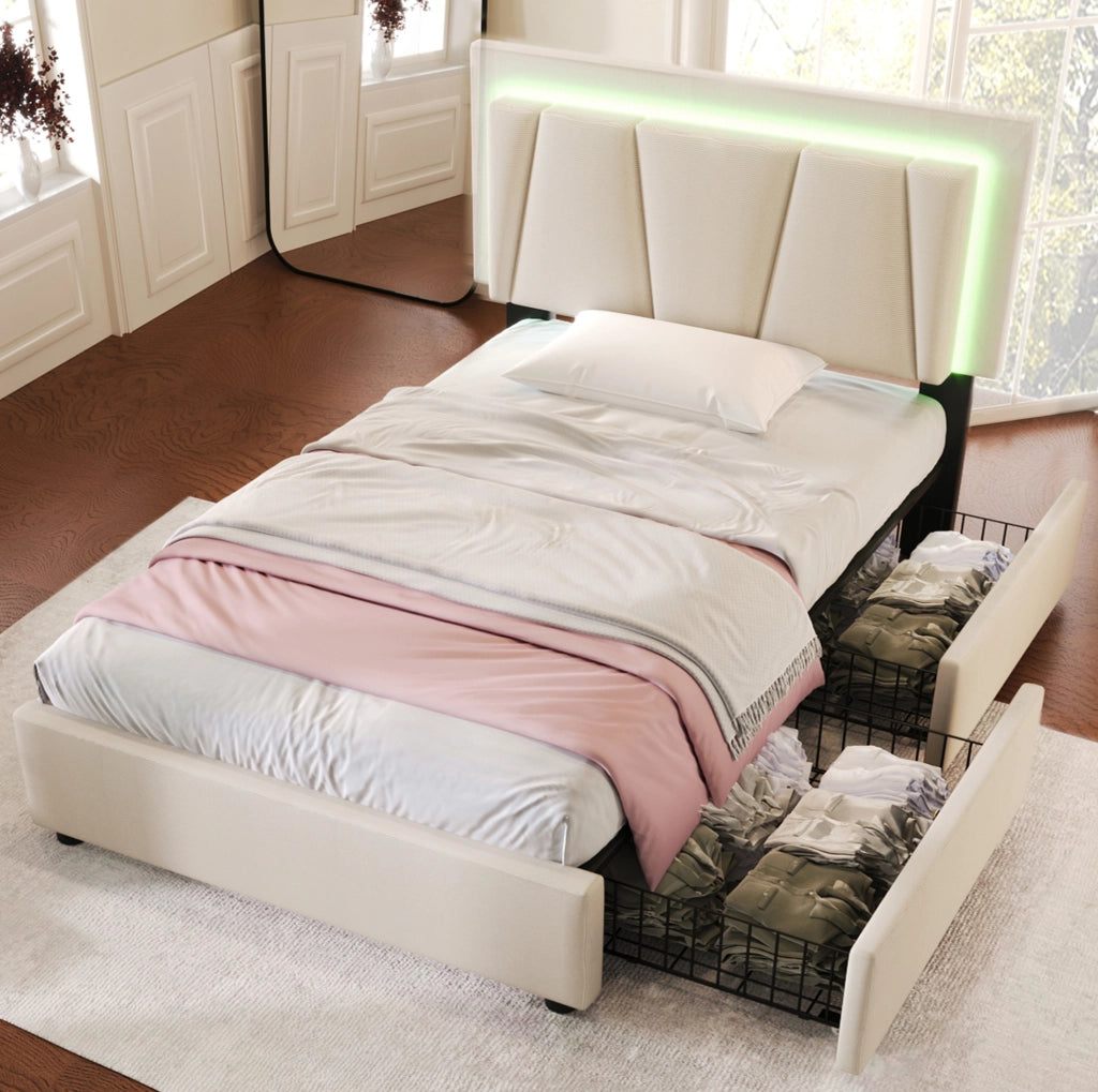 Letto 90x200 cm con LED, 2 cassetti e testiera regolabile in beige
