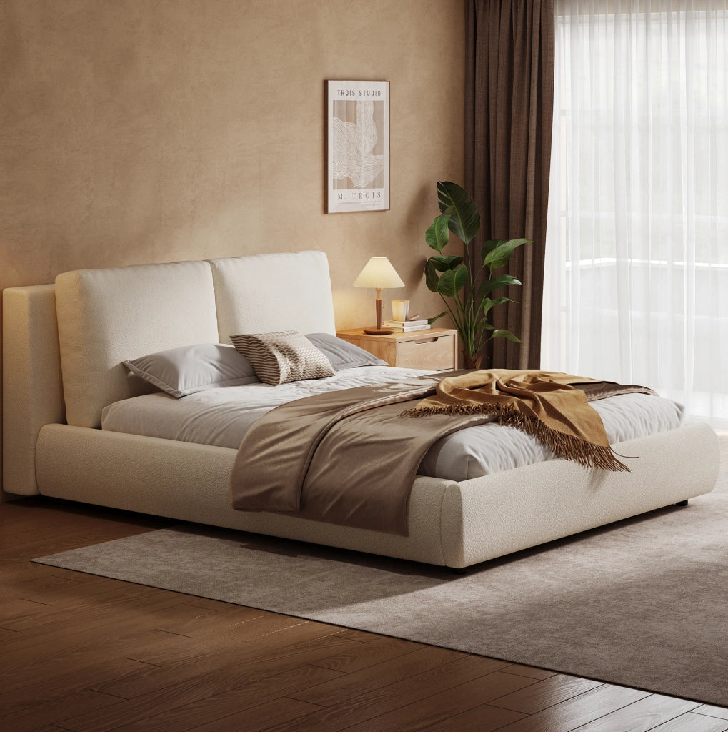 Letto imbottito con vano contenitore e testiera in bouclé beige
