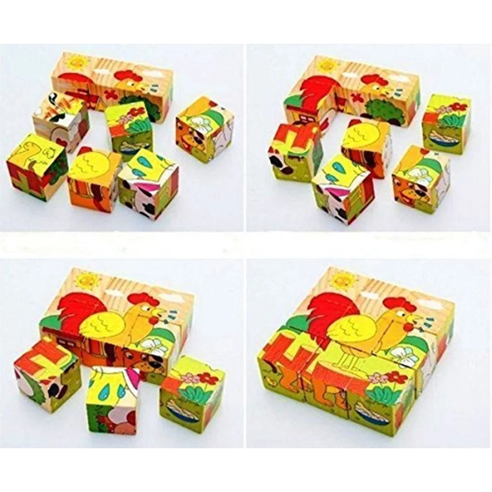 Trade Shop - Puzzle Rompicapo Cubi Legno Per Bambini Design Animali Fattoria Giocattoli Educativi 31586 -