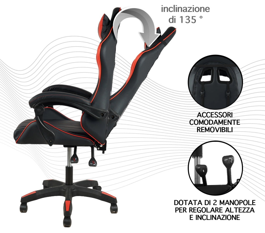 Sedia Gaming Professionale SimilPelle Reclinabile Con Braccioli Poltrona Ufficio Regolabile in Altezza Pistone Gas,Cuscino Poggiatesta E Lombare Gamer - Rosso