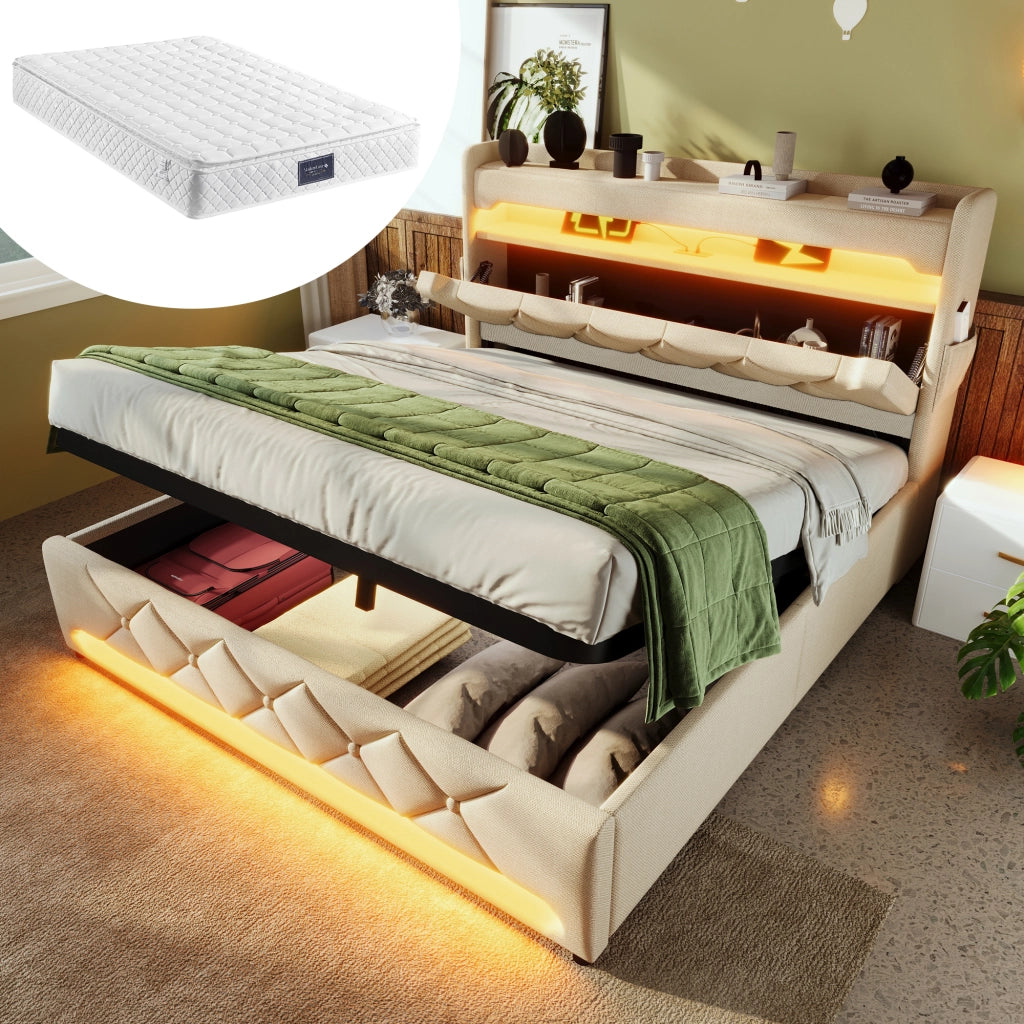 Letto contenitore imbottito beige 140 x 200 cm con materasso