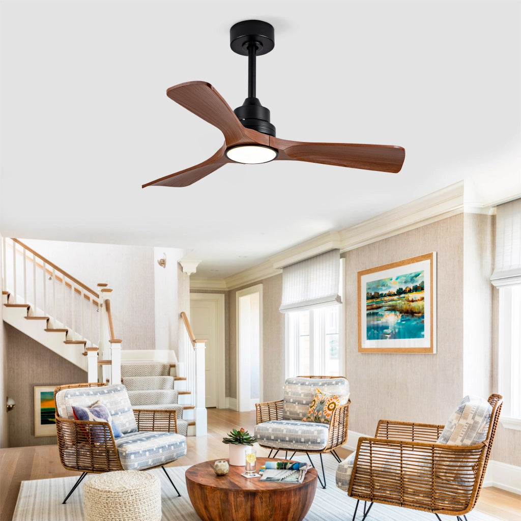 Ventilatore da soffitto con luce LED e motore DC reversibile; in ABS nero e noce scuro