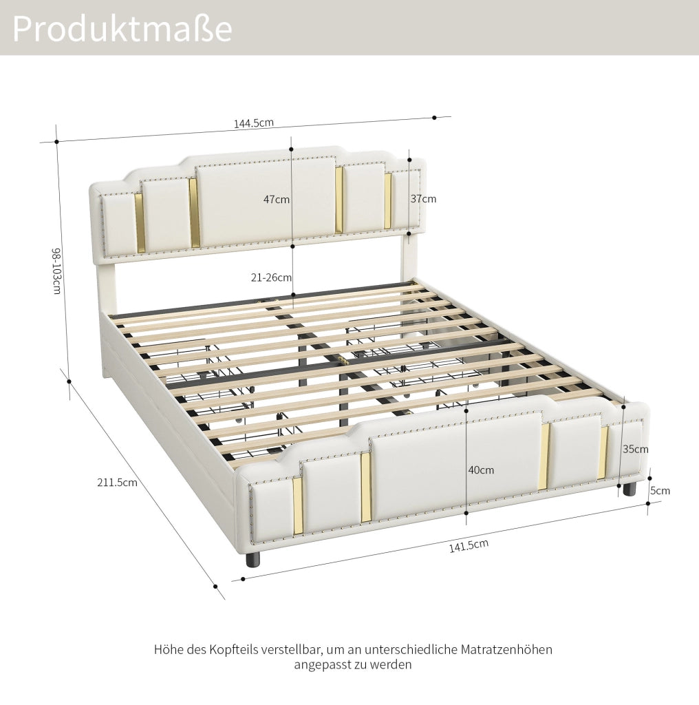 Letto imbottito 140 x 200 cm in velluto beige con LED, 4 cassetti e finiture oro