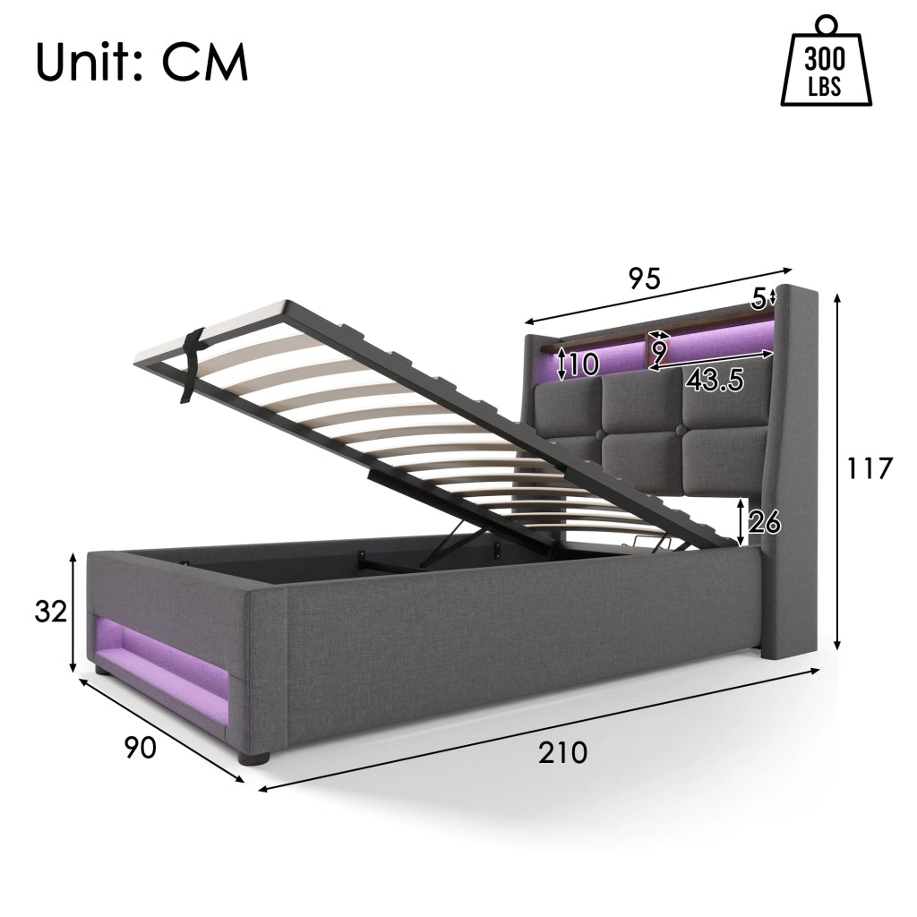 Letto singolo imbottito 90x200 cm con materasso e illuminazione LED