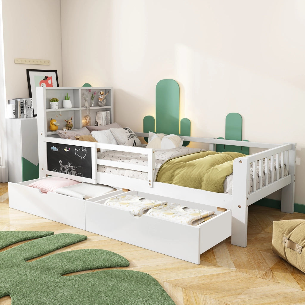 Letto per Bambini 90x200 cm con Lavagna; 2 Cassetti; Mensola e Sponda - Bianco