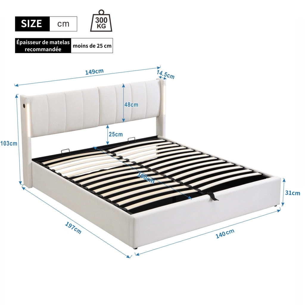 Letto imbottito 140 x 190 cm con LED, USB, vano contenitore e testiera regolabile