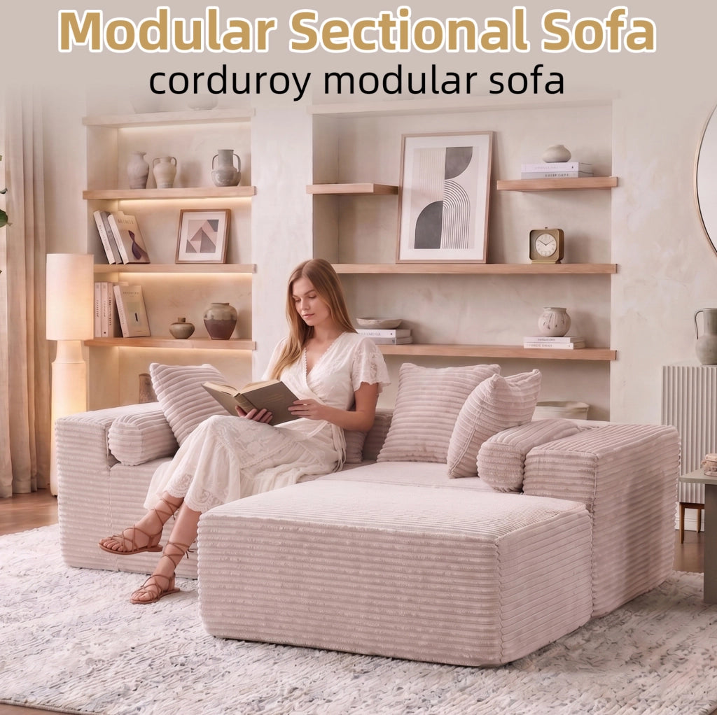 Divano componibile a L con chaise longue; 3 moduli; schiuma e molle; beige