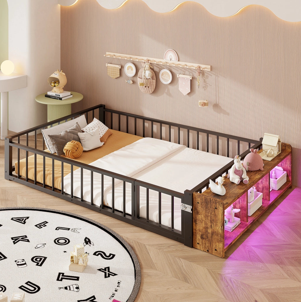 Letto per bambini 140x200 cm con sponda, vano aperto e LED in metallo e MDF nero